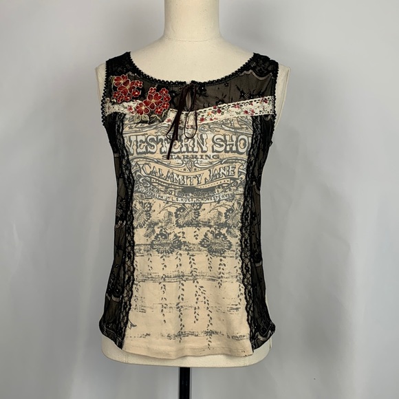 Vanilla Sugar Tops - Vanilla Sugar Tan Western Print With Lace Tank Top